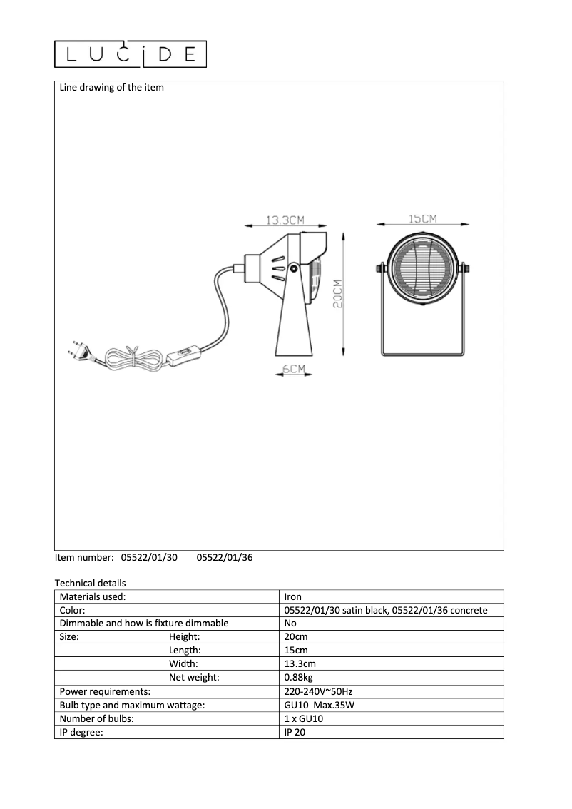Page 1 de la notice Manuel utilisateur Lucide Cicleta 05522/01/30