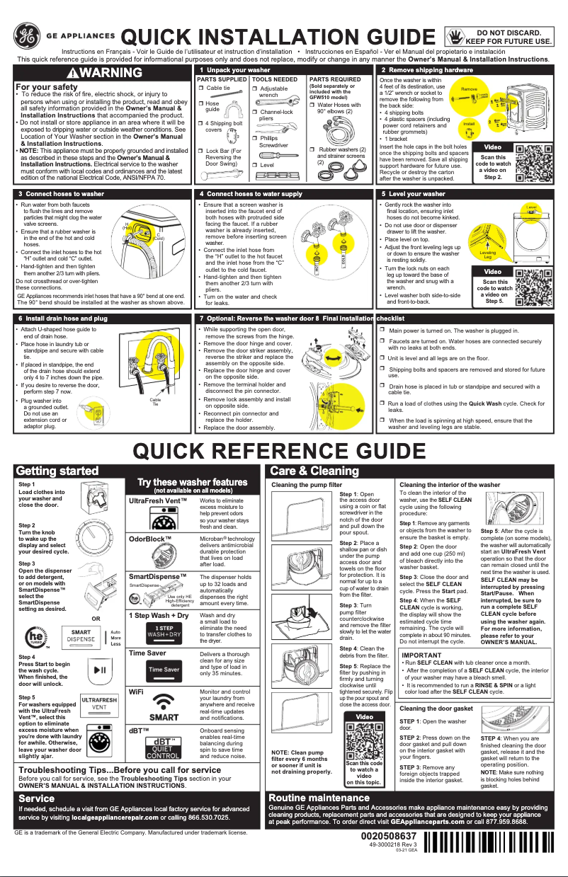 Page 1 de la notice Manuel utilisateur GE GFW510SCNWW