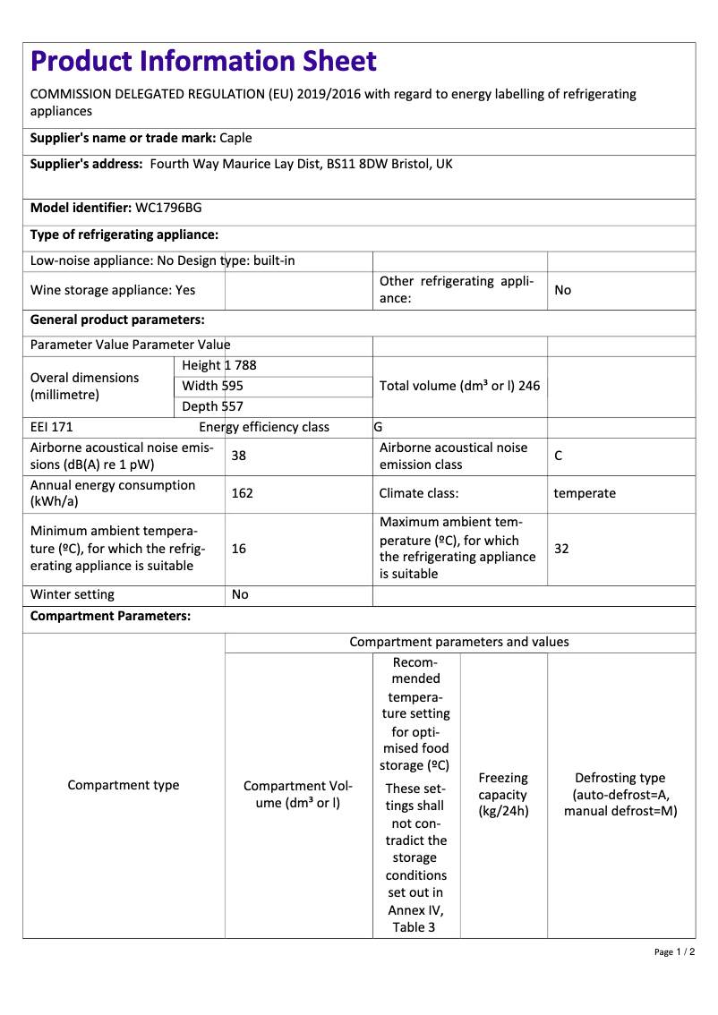 Page n°1 - Fiche technique Caple WC1796BG