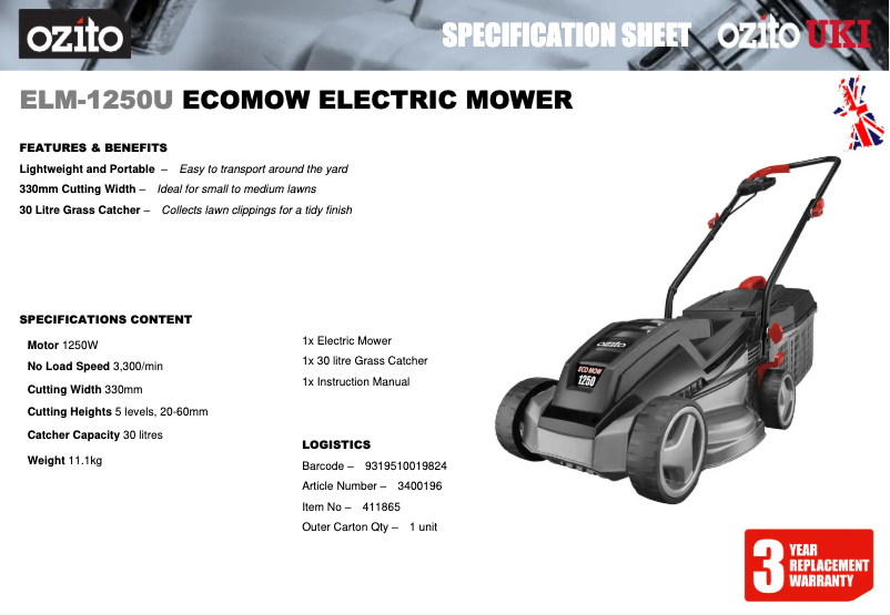 Page n°1 - Fiche technique Ozito ELM-1250U