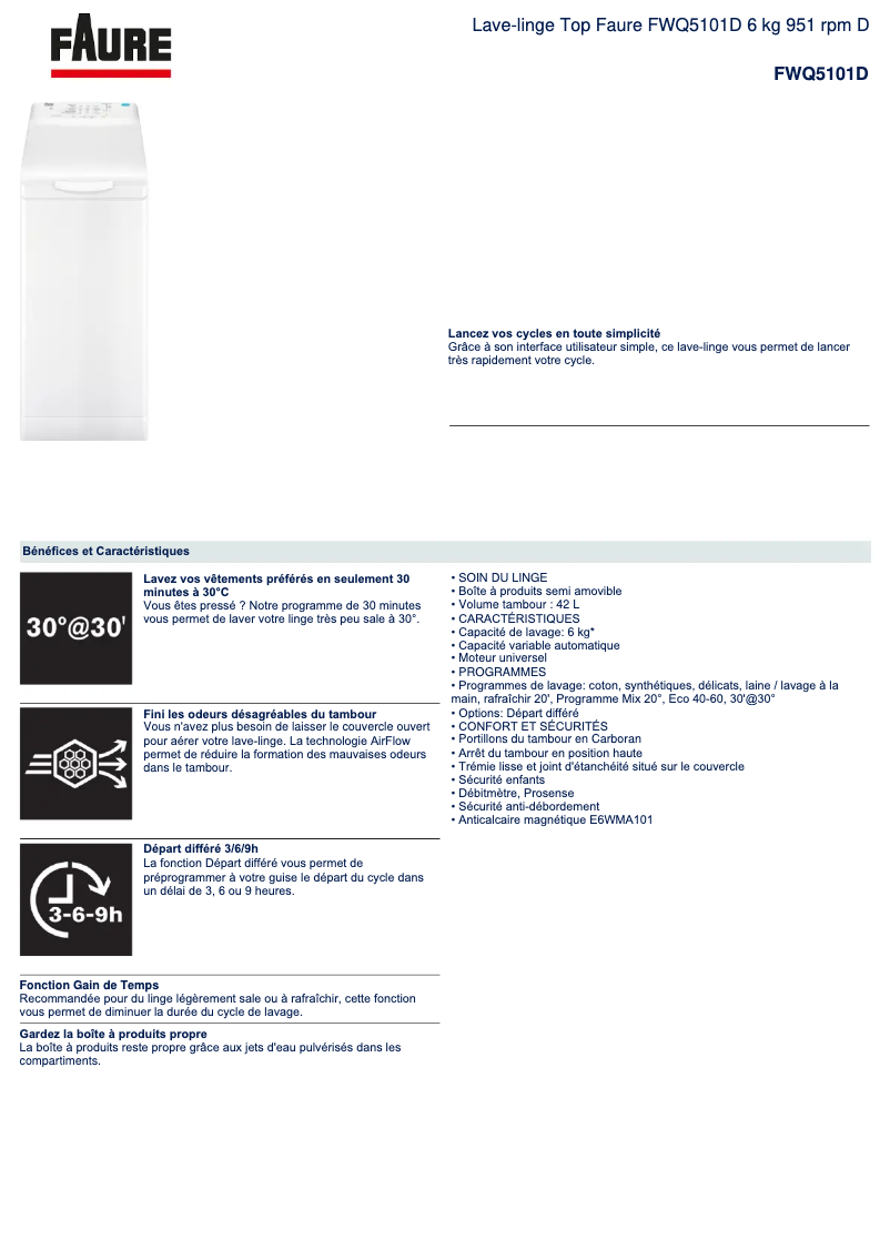 Page 1 de la notice Fiche technique Faure FWQ5101D