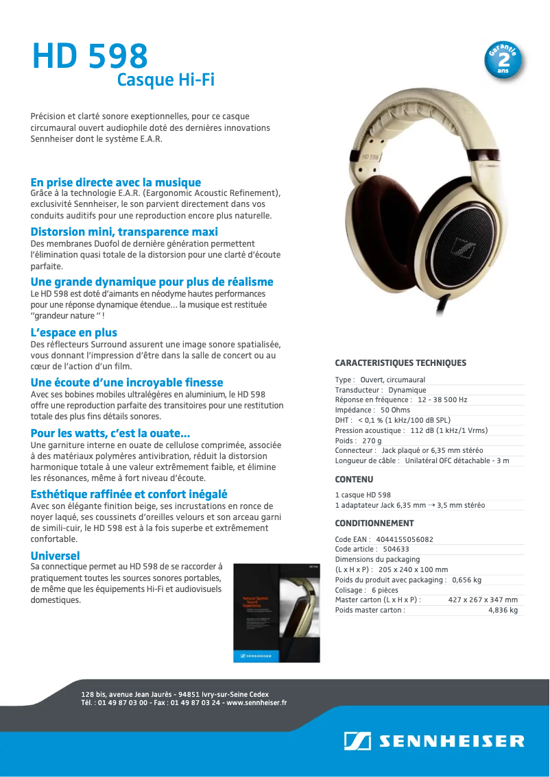 Page n°1 - Fiche technique Sennheiser HD 598