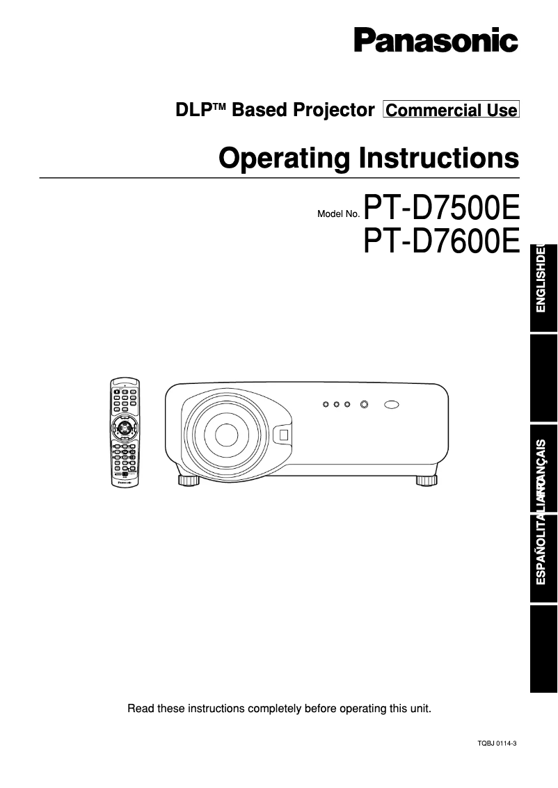 Page n°1 - Manuel utilisateur Panasonic PT-D7500E