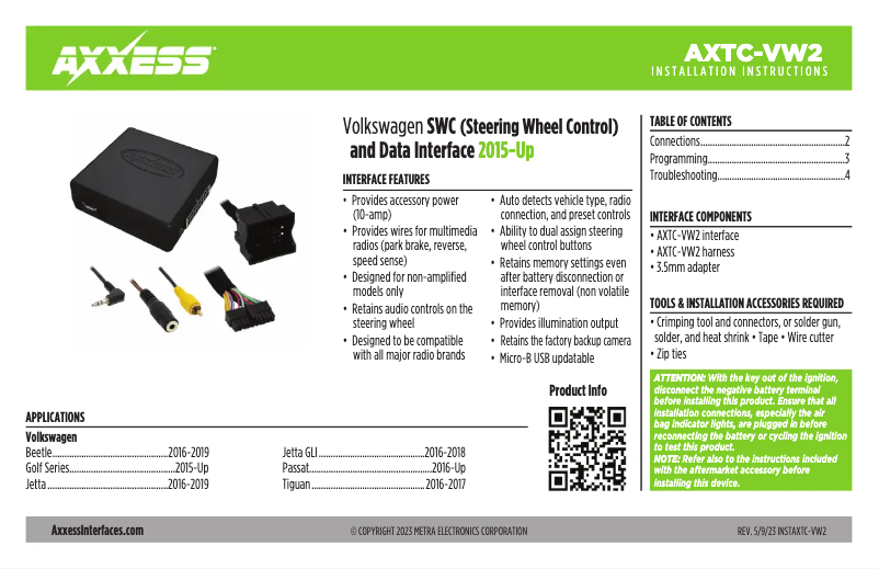 Page 1 de la notice Manuel utilisateur AXESS AXTC-VW2