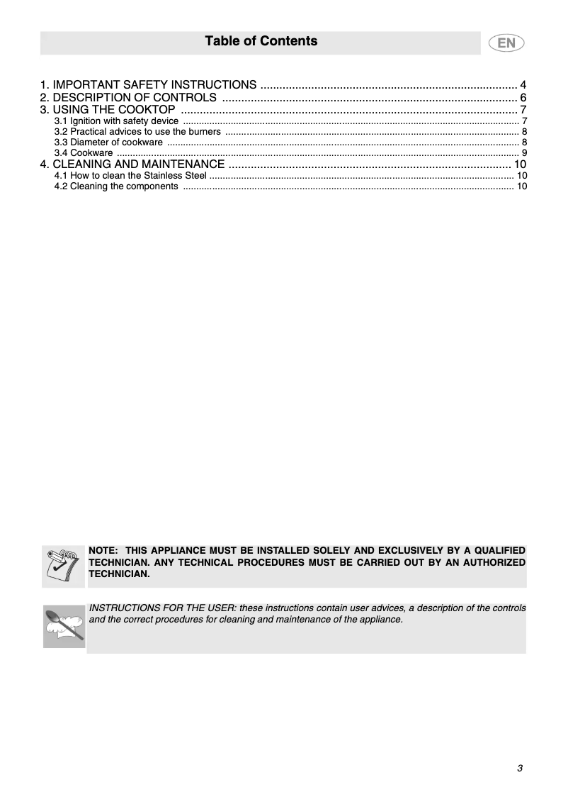 Page n°1 - Manuel d'utilisation et d'entretien Smeg PGFU36X