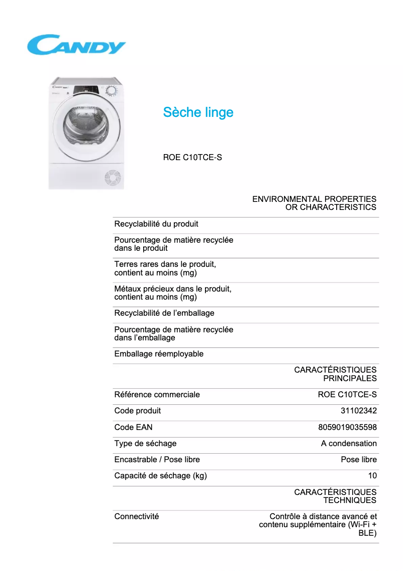 Page 1 de la notice Fiche technique Candy ROE C10TCE-S