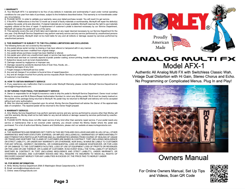 Page 1 de la notice Manuel utilisateur Morley Analog Multi FX AFX-1