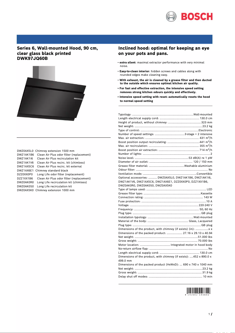 Page 1 de la notice Fiche technique Bosch Serie 6 DWK97JQ60B