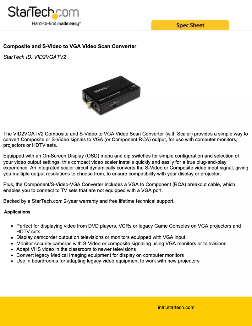 Page 1 de la notice Brochure StarTech.com VID2VGATV