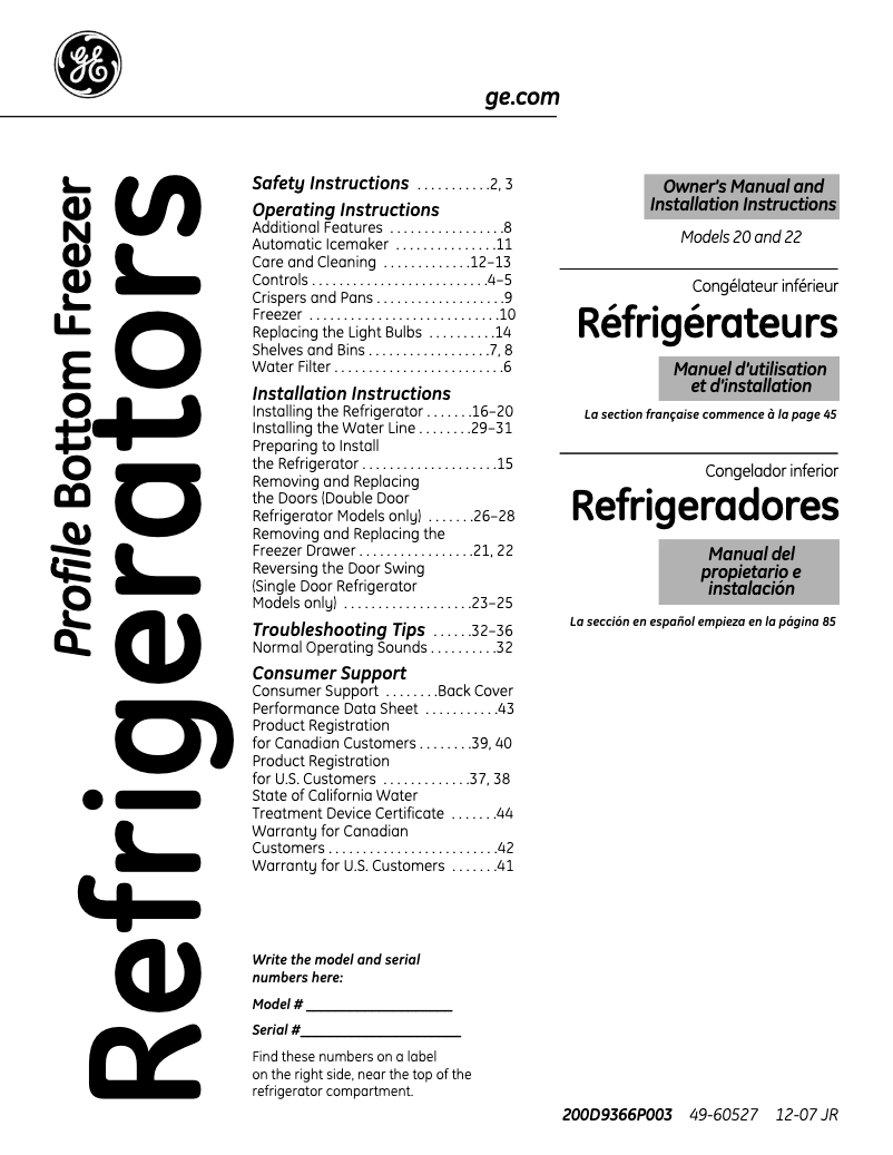 Page 1 de la notice Manuel d'utilisation et d'entretien GE PFSF2MJXWW