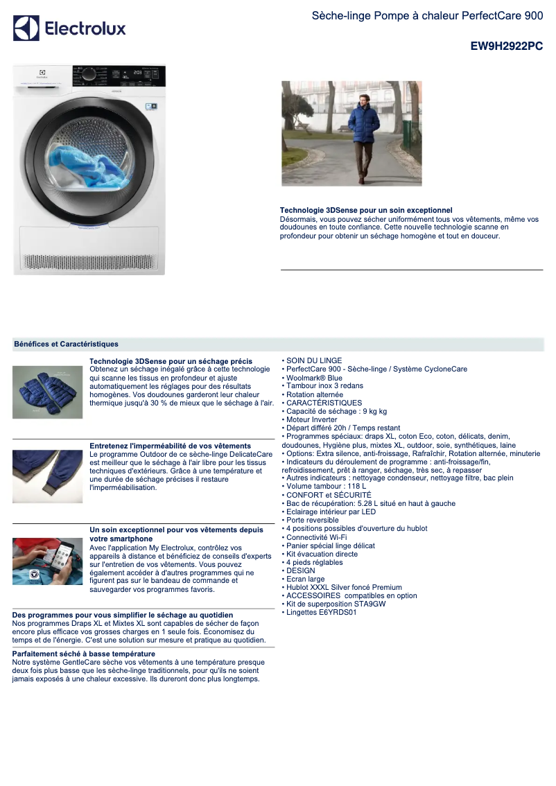 Page 1 de la notice Fiche technique Electrolux EW9H2922PC