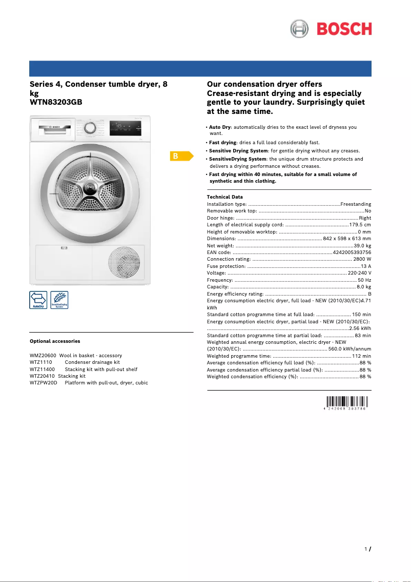Página 1 del manual Ficha técnica Bosch WTN83203GB