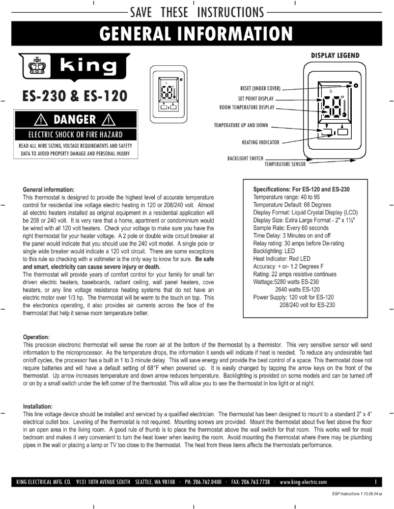Page 1 de la notice Manuel utilisateur King ES-120