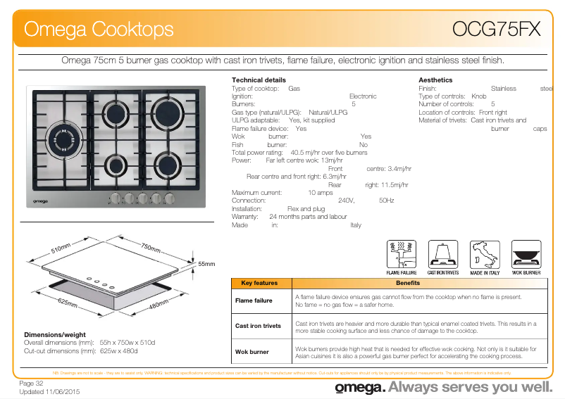 Página 1 del manual Ficha técnica Omega OCG75FX