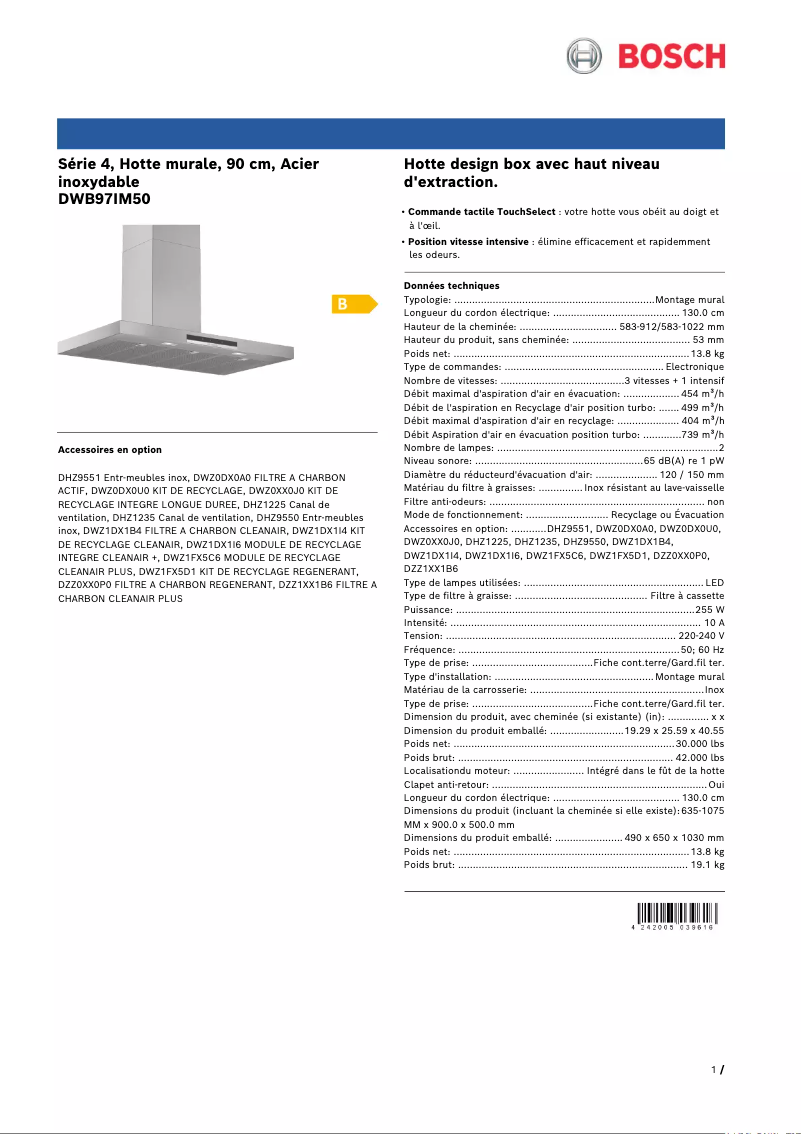 Page 1 de la notice Fiche technique Bosch DWB97IM50