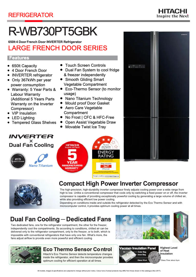 Página 1 del manual Ficha técnica Hitachi R-WB730PT5