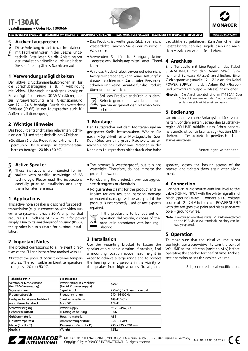 Page 1 de la notice Manuel utilisateur Monacor IT-130AK