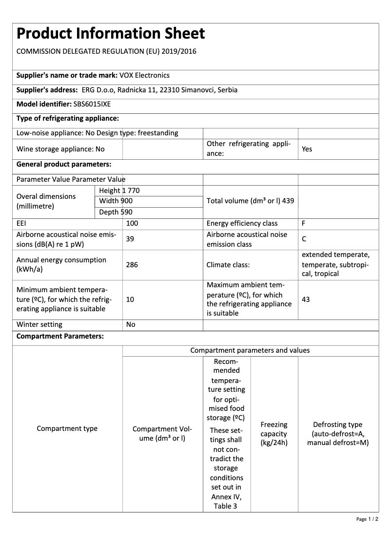 Page 1 de la notice Fiche technique VOX SBS6015IXE