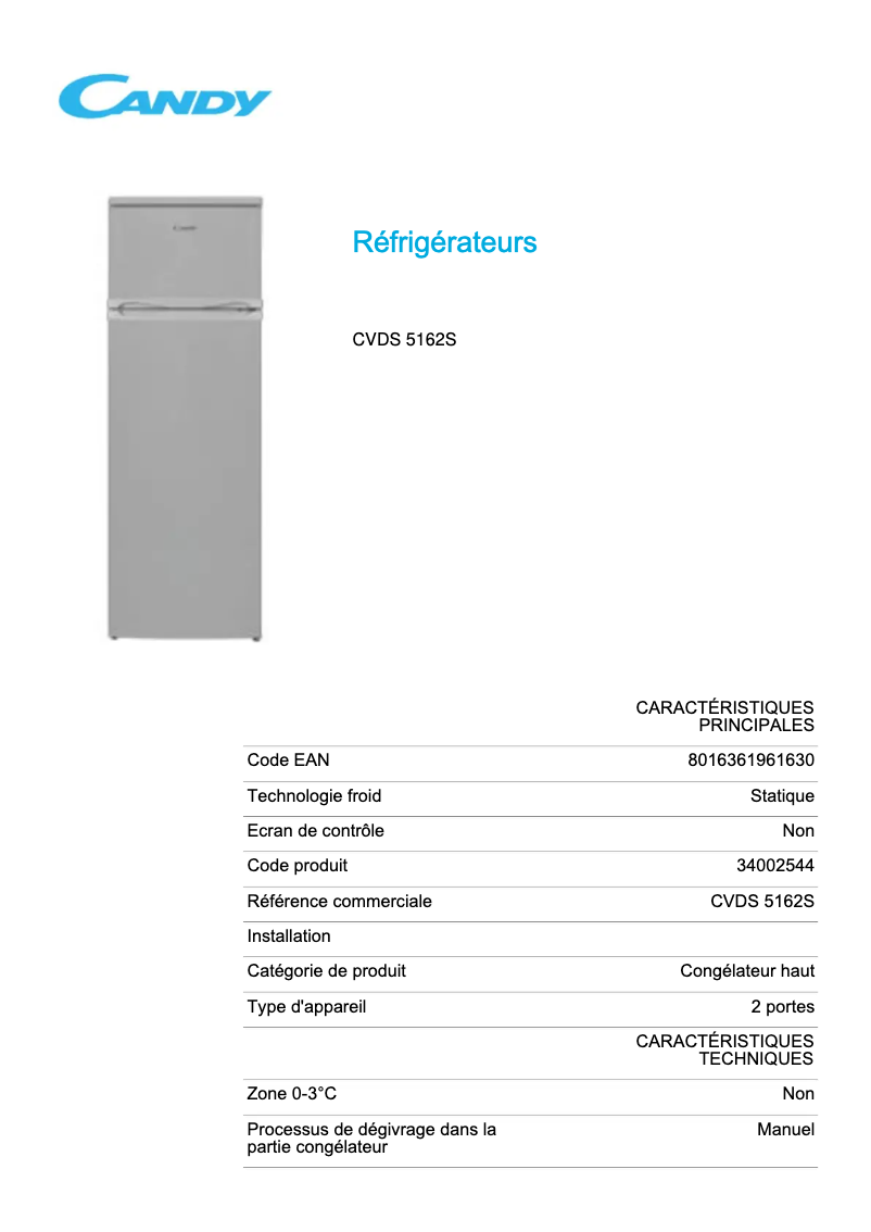 Page 1 de la notice Fiche technique Candy CVDS 5162S