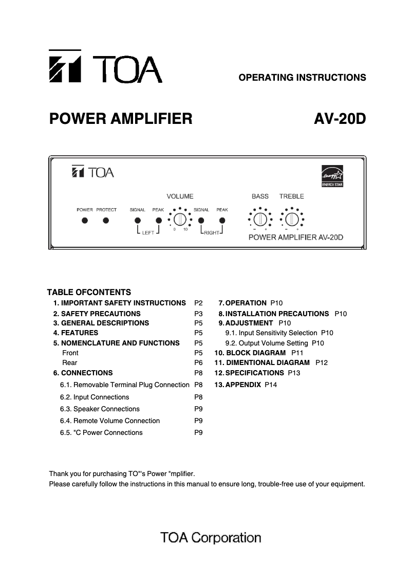 Page 1 de la notice Manuel utilisateur TOA AV-20D