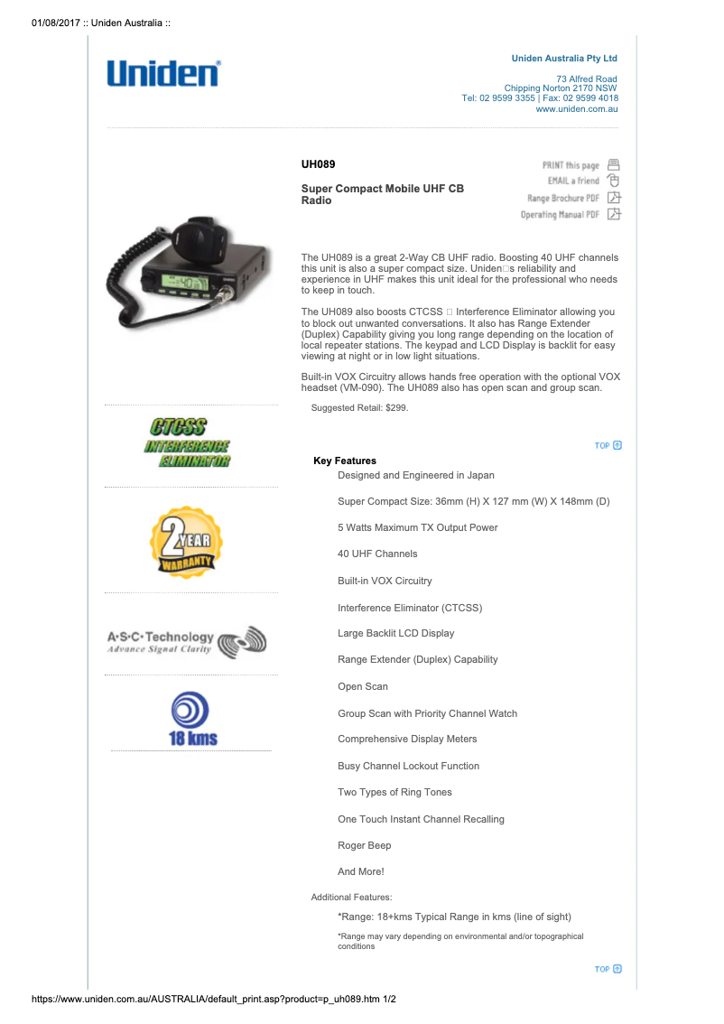 Page 1 de la notice Manuel utilisateur Uniden UH089