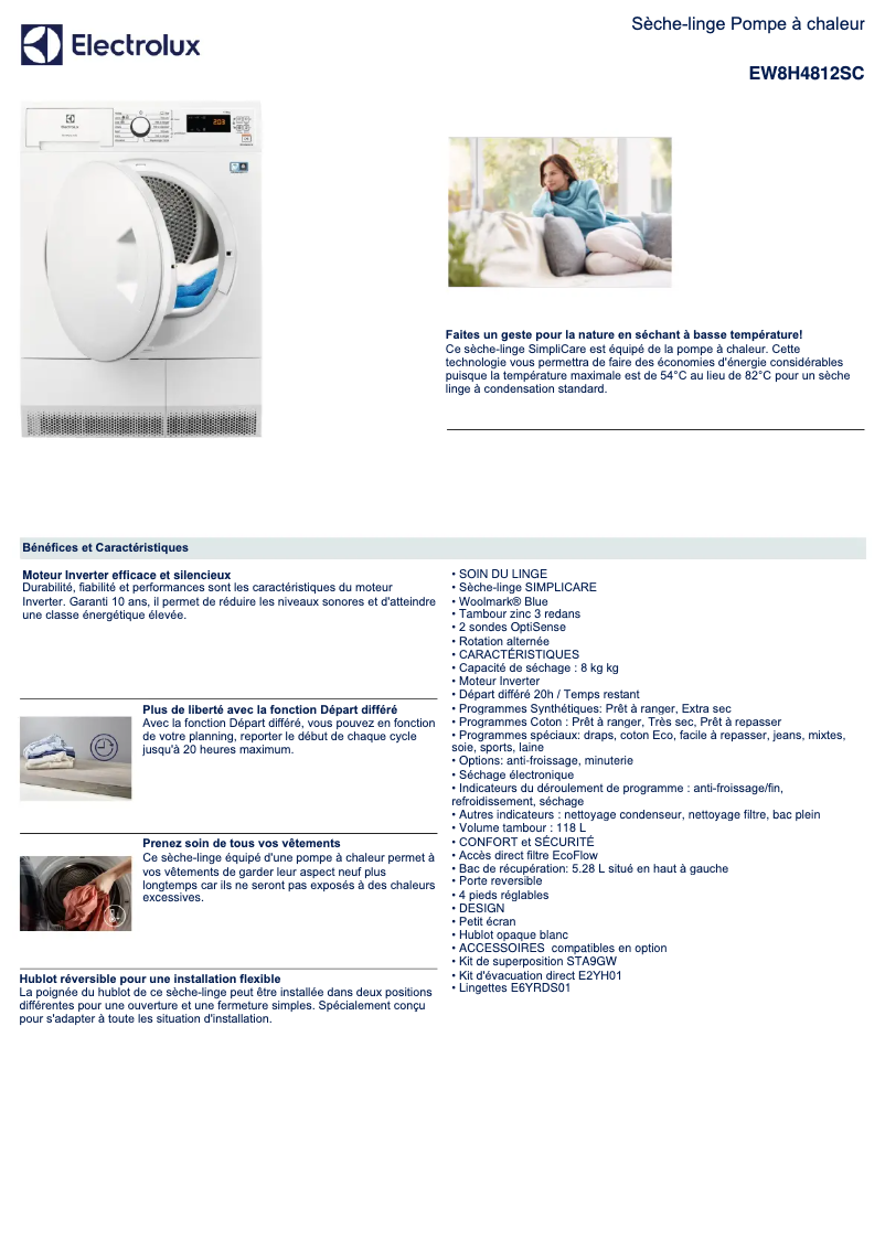 Page 1 de la notice Fiche technique Electrolux EW8H4812SC
