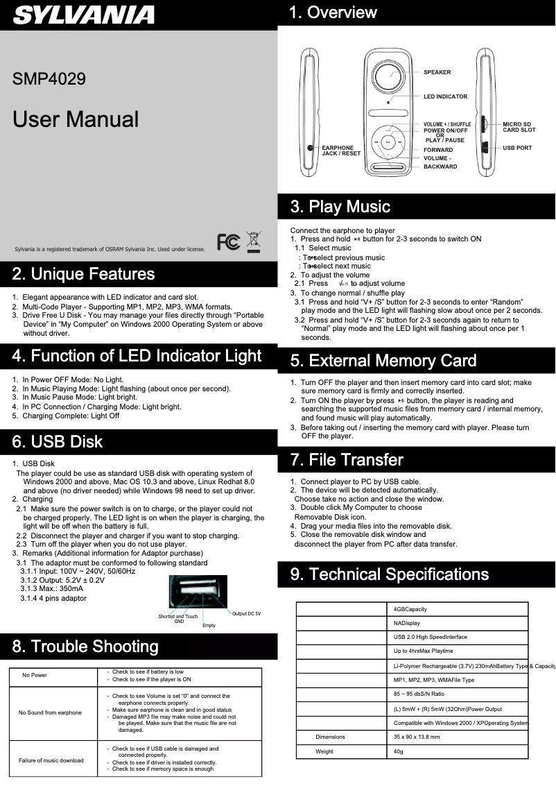 Page n°1 - Manuel utilisateur Sylvania SMP4029