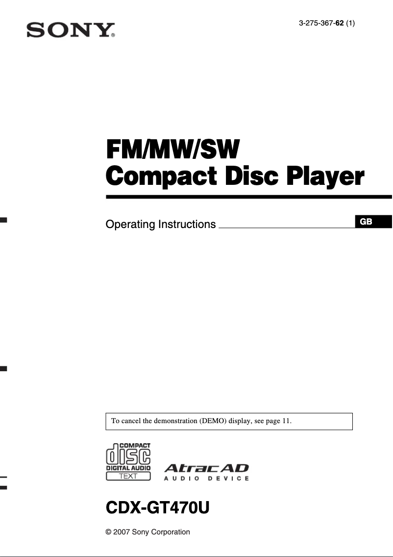 Page 1 de la notice Manuel utilisateur Sony CDX-GT470U