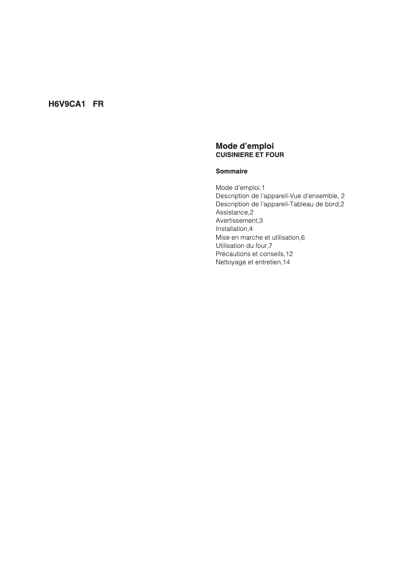 Page 1 de la notice Manuel utilisateur Hotpoint Ariston H6V9CA1 (W) FR