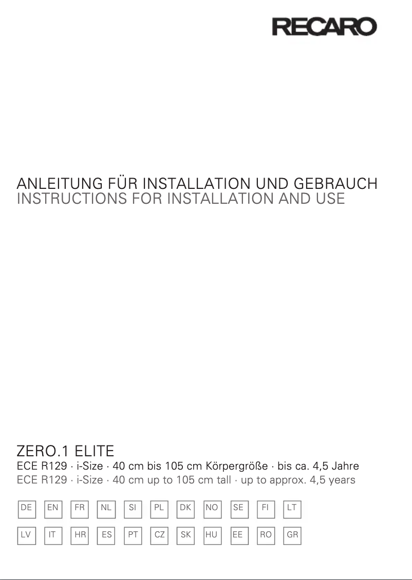 Página 1 del manual Manual de usuario Recaro Zero.1 Elite