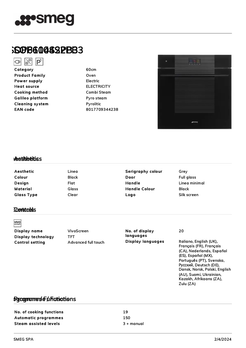 Page 1 de la notice Fiche technique Smeg SOP6104S2PB3