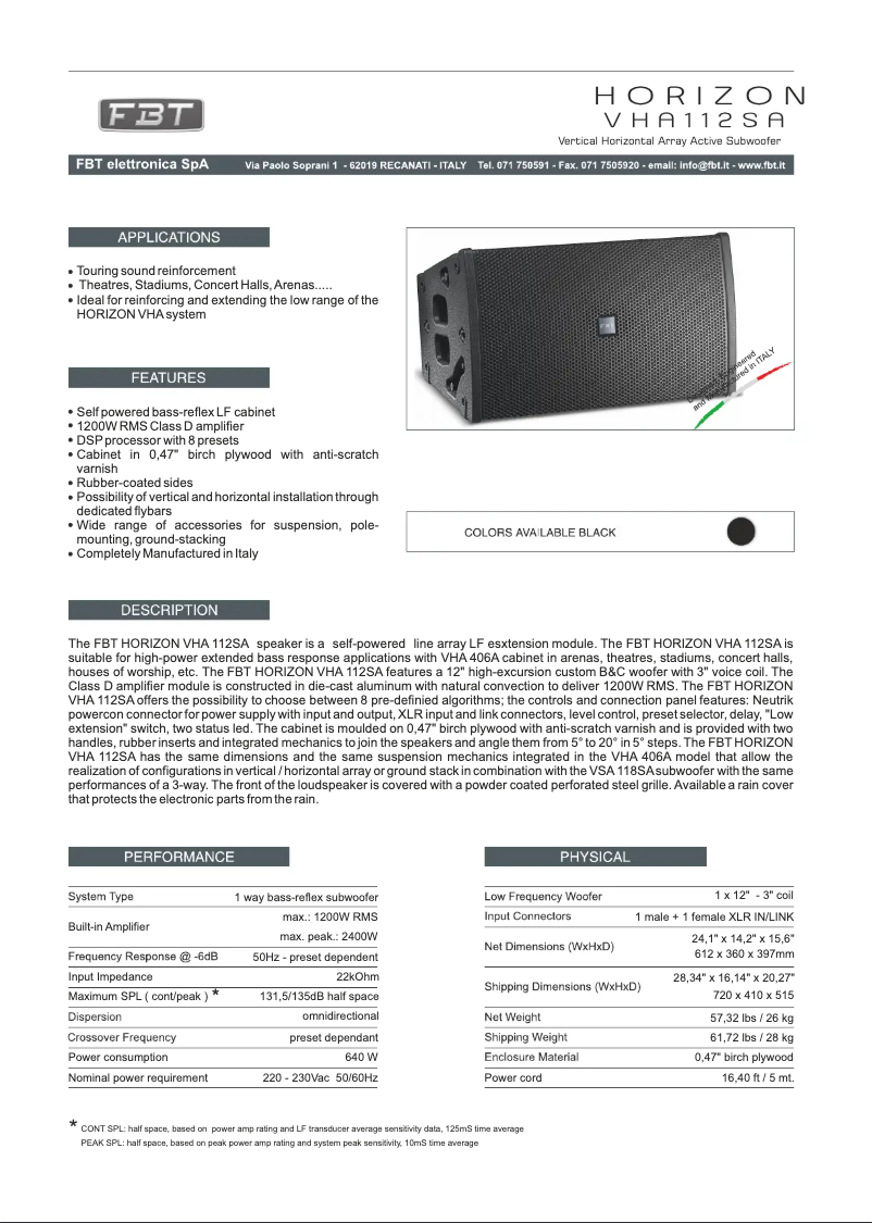 Page n°1 - Fiche technique FBT Horizon VHA 112 SA