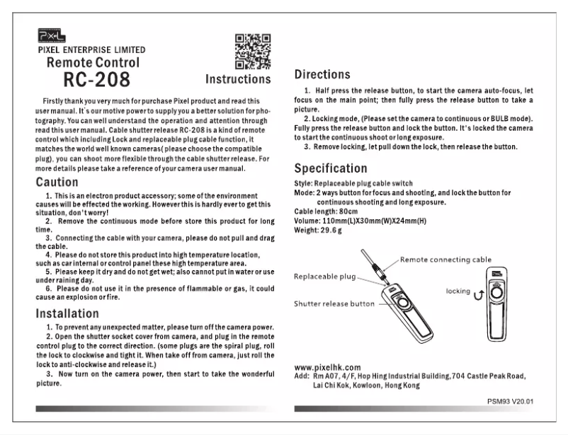 Page n°1 - Manuel utilisateur Pixel RC-208