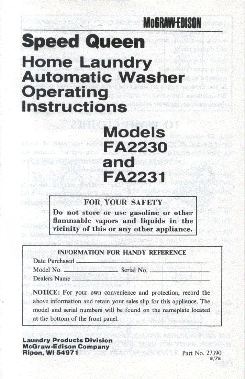 Page 1 de la notice Manuel utilisateur Speed Queen FA2231