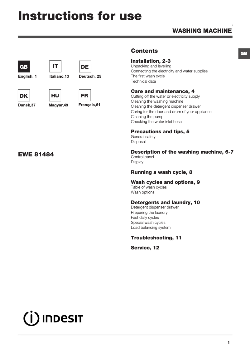 Page n°1 - Manuel utilisateur Indesit EWE 81484 B EU
