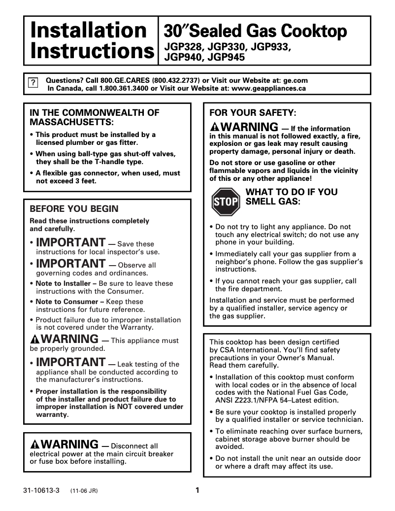 Page n°1 - Guide d'installation GE Profile JGP945CEKCC