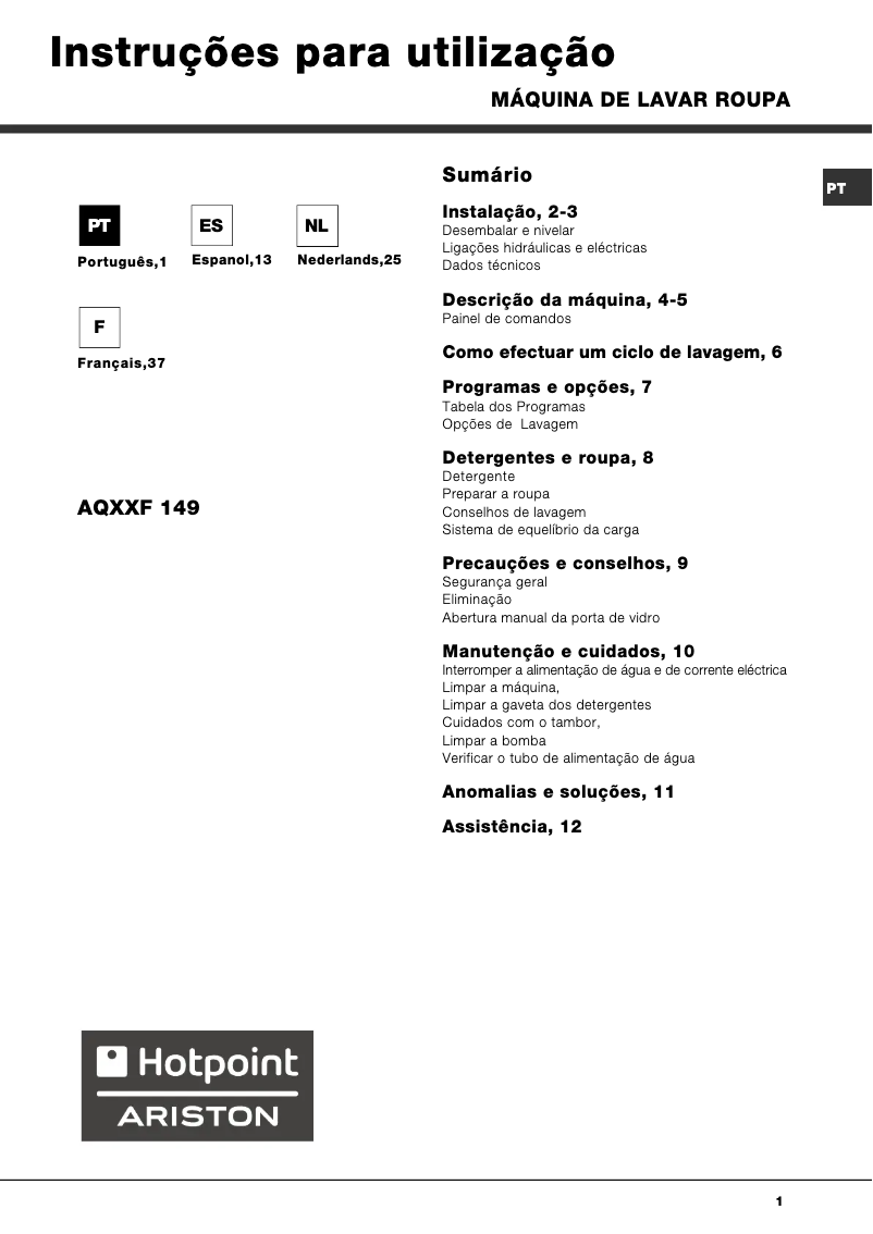 Page 1 de la notice Manuel utilisateur Hotpoint Ariston AQXXF 149