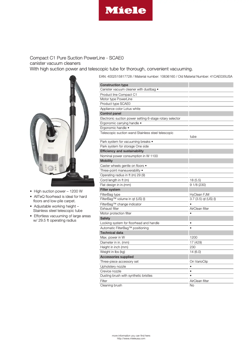 Page n°1 - Fiche technique Miele Compact C1 Pure Suction