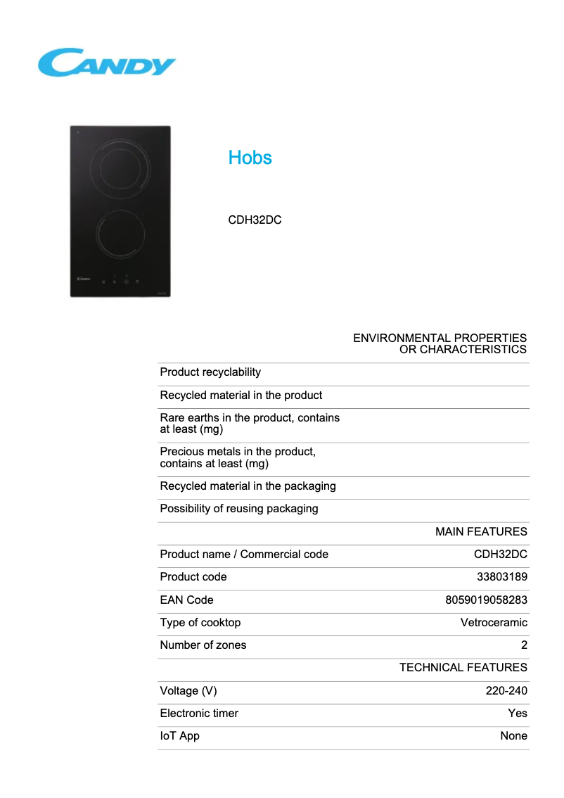 Page 1 de la notice Fiche technique Candy CDH32DC