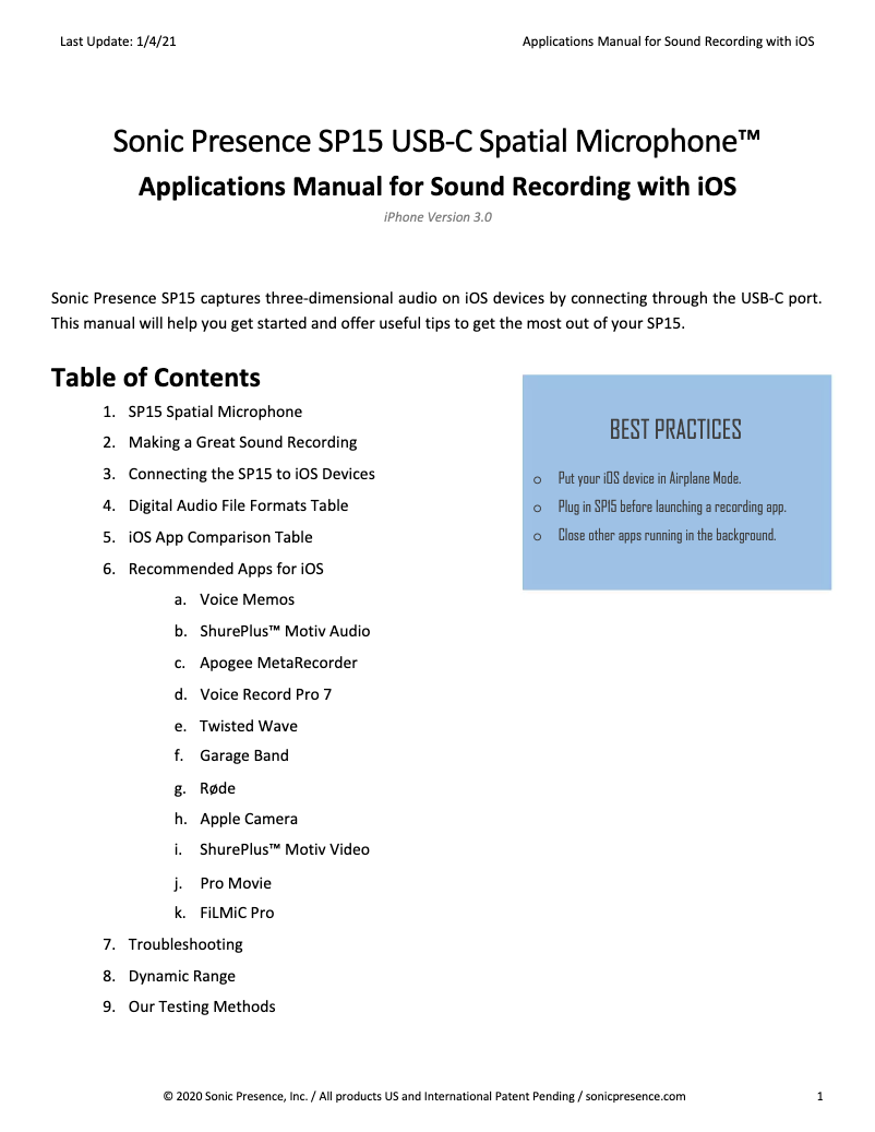 Page n°1 - Manuel utilisateur Sonic Presence SP15