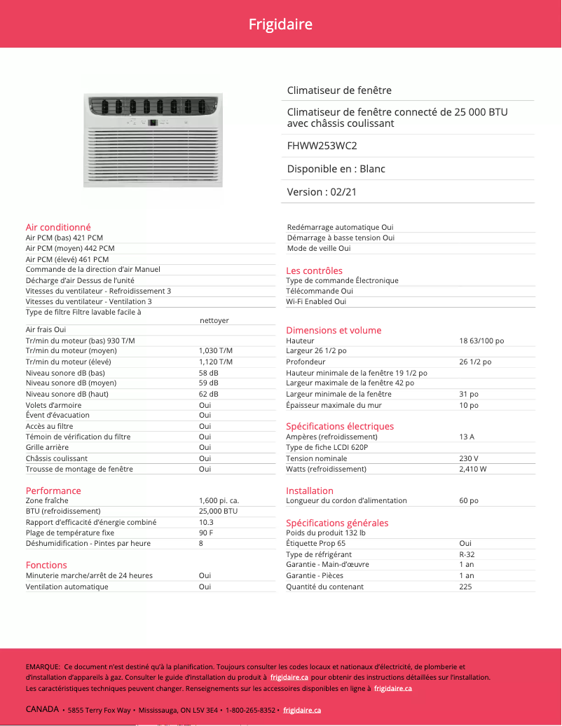 Page 1 de la notice Fiche technique Frigidaire FHWW253WC2