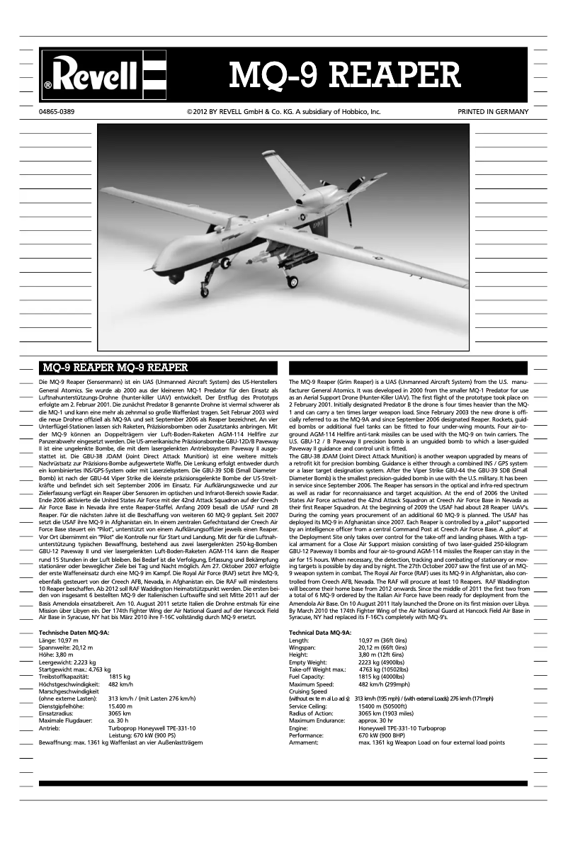 Image de la première page du manuel de l'appareil Unmanned Aerial Vehicle MQ-9 REAPER