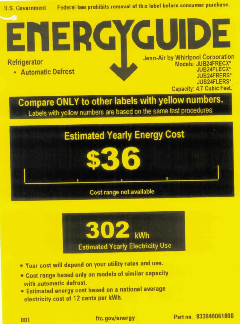 Page 1 de la notice Label énergétique JennAir JUB24FRERS
