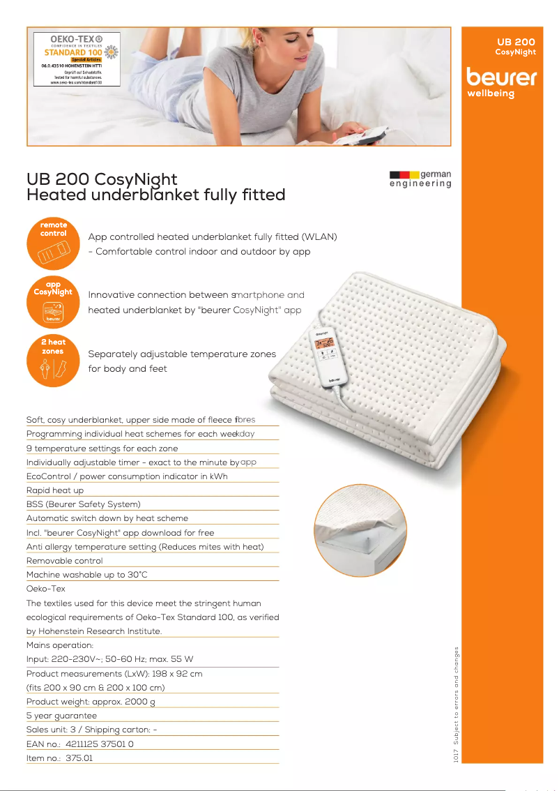 Page 1 de la notice Fiche technique Beurer UB 200 CosyNight
