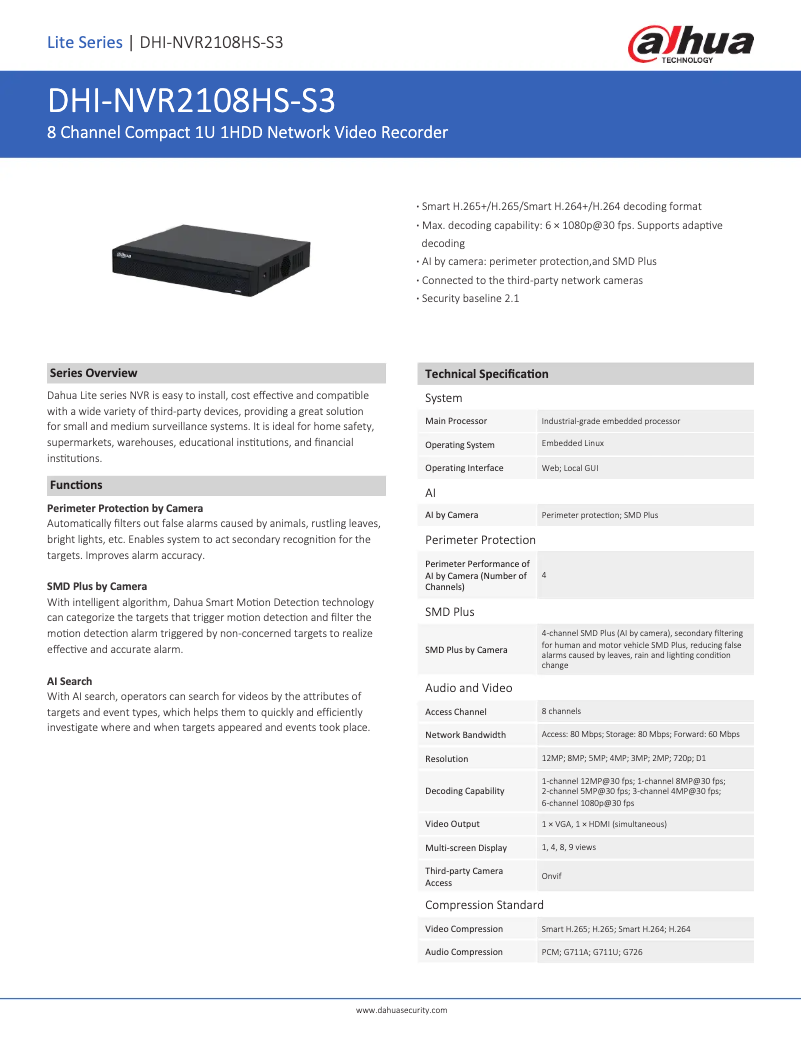 Page n°1 - Fiche technique Dahua Technology NVR2108HS-S3