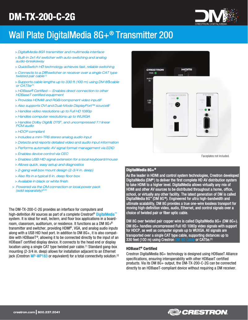 Page 1 de la notice Fiche technique Crestron DM-TX-200-C-2G-W-T