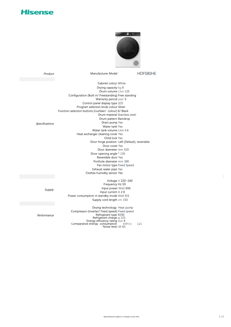 Image de la première page du manuel de l'appareil HDFS80HE