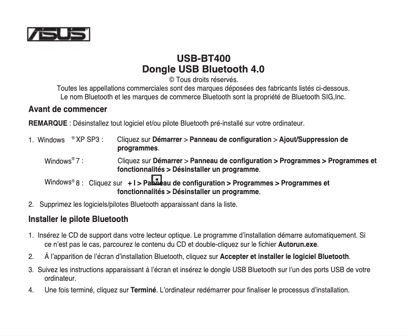 Page 1 de la notice Manuel utilisateur Asus USB-BT400