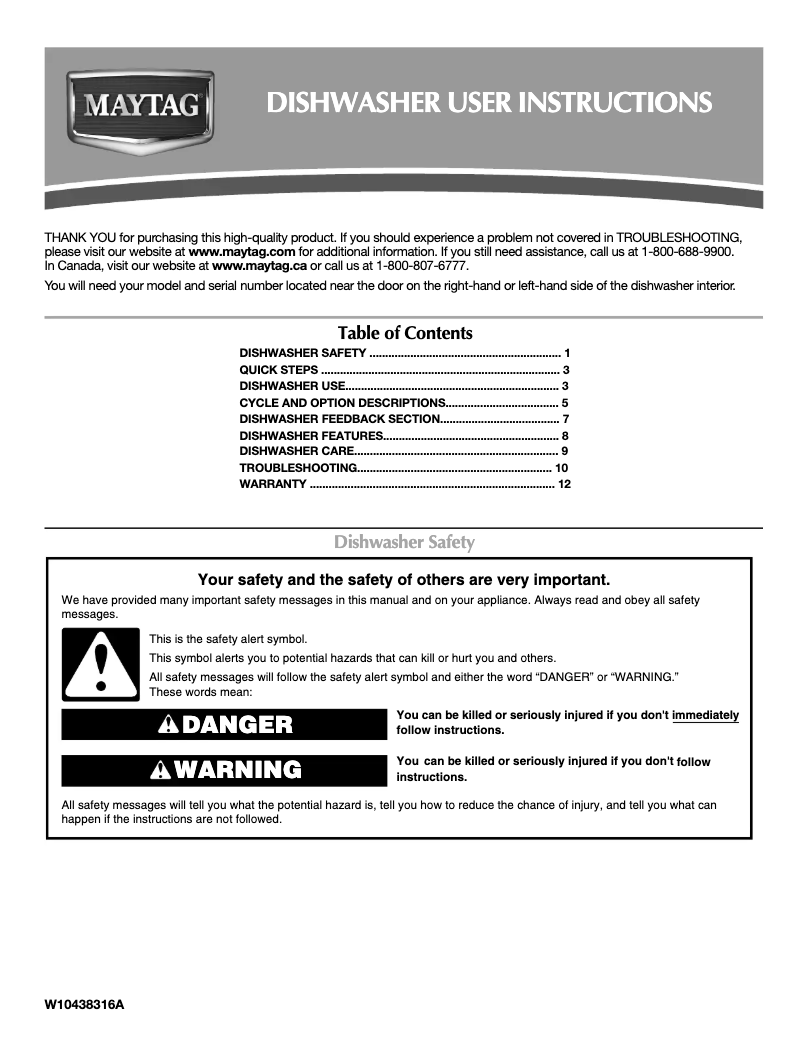Page n°1 - Manuel d'utilisation et d'entretien Maytag JetClean Plus MDB7749SBB