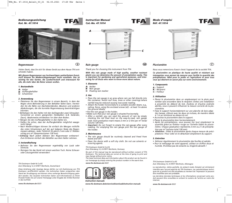 Page 1 de la notice Manuel utilisateur TFA 47.1014